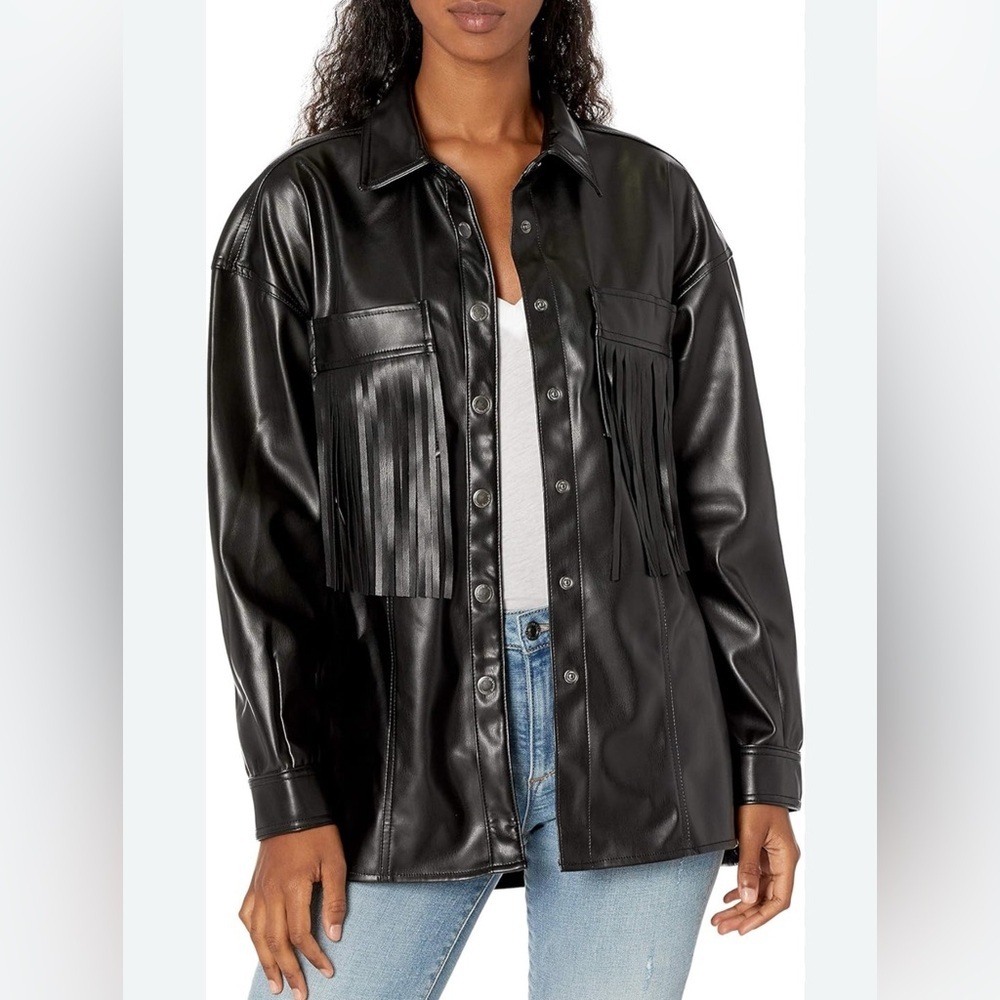 NEW BLANKNYC BLACK FAUX LEATHER FRINGE SHIRT JACKET